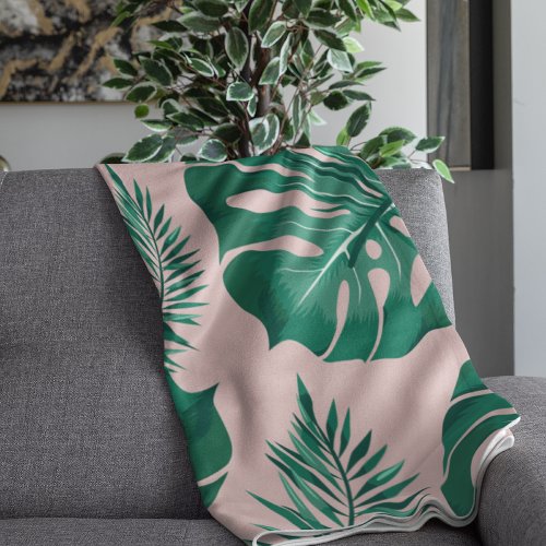 Tropical Pink  Green Palm Leaves Seamless Pattern Throw Blanket