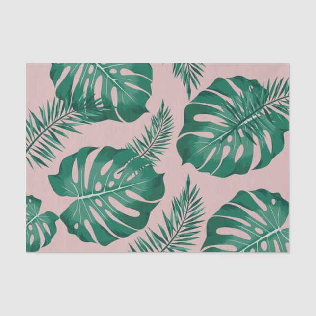 Tropical Pink & Green Palm Leaves Seamless Pattern Tissue Paper (Front)