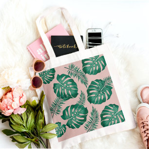 Tropical Pink & Green Palm Leaves Seamless Pattern Tote Bag