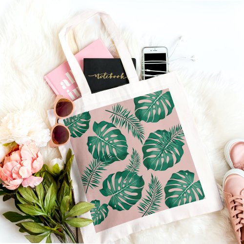 Tropical Pink  Green Palm Leaves Seamless Pattern Tote Bag