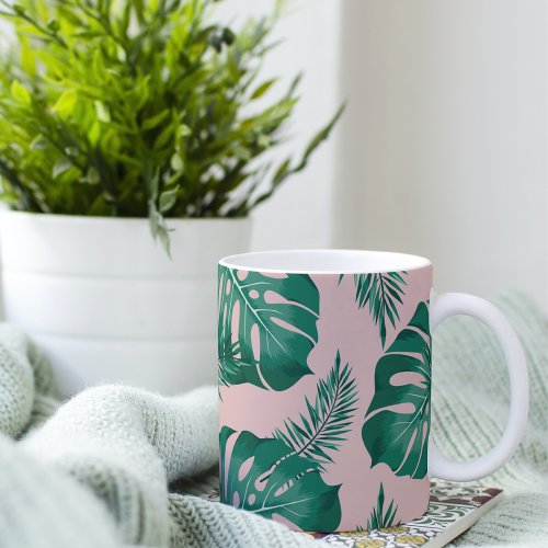 Tropical Pink  Green Palm Leaves Seamless Pattern Two_Tone Coffee Mug