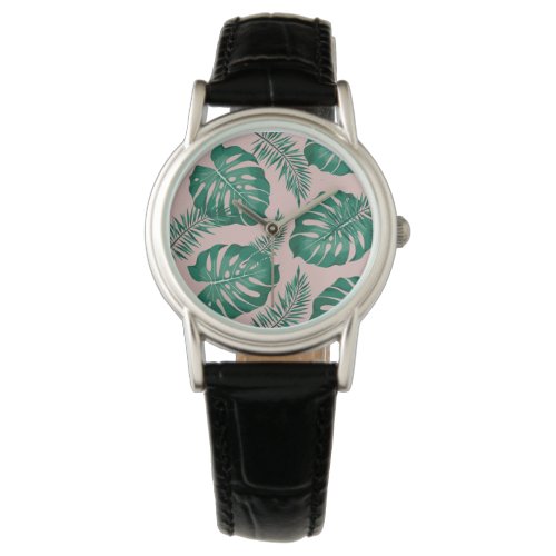 Tropical Pink  Green Palm Leaves Seamless Pattern Watch