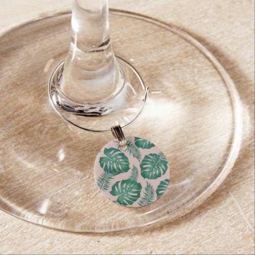 Tropical Pink  Green Palm Leaves Seamless Pattern Wine Charm