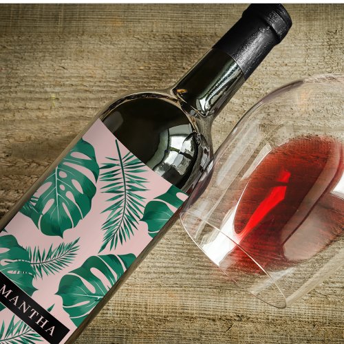 Tropical Pink  Green Palm Leaves Seamless Pattern Wine Label