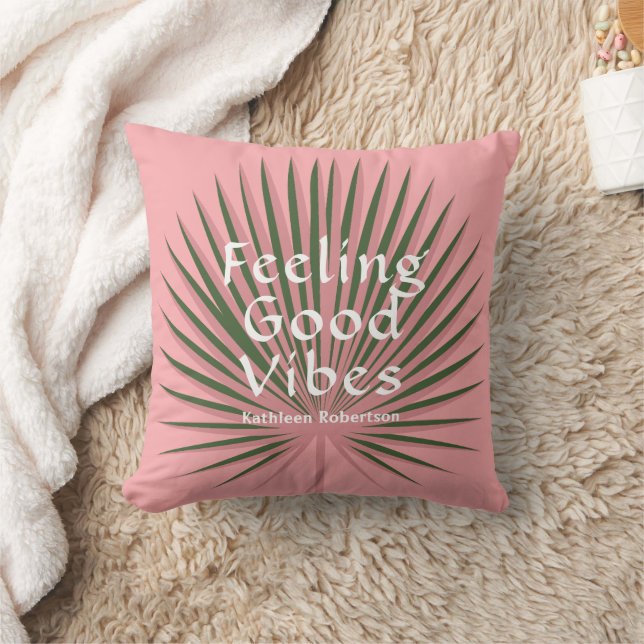 Tropical Pink Green Palm Throw Pillow (Blanket)