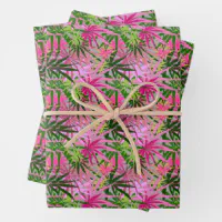 Tropical Green Leaves Pink Orange Flowers Wrapping Paper Sheets, Zazzle