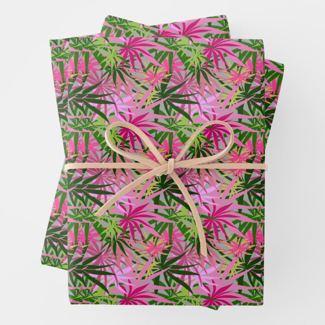 Tropical Pink Green Palms Wrapping Paper Sheets (In situ)
