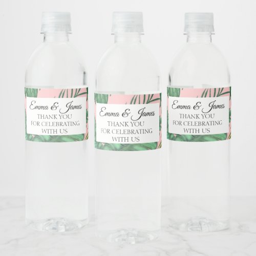 Tropical Pink Greenery Beach Wedding Thank You Water Bottle Label