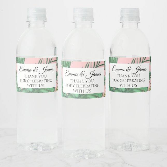 Tropical Pink Greenery Beach Wedding Thank You Water Bottle Label (Bottles)