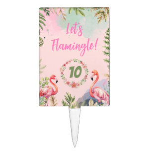 Tropical Pink Greenery Watercolor Flamingos Leaf Cake Topper