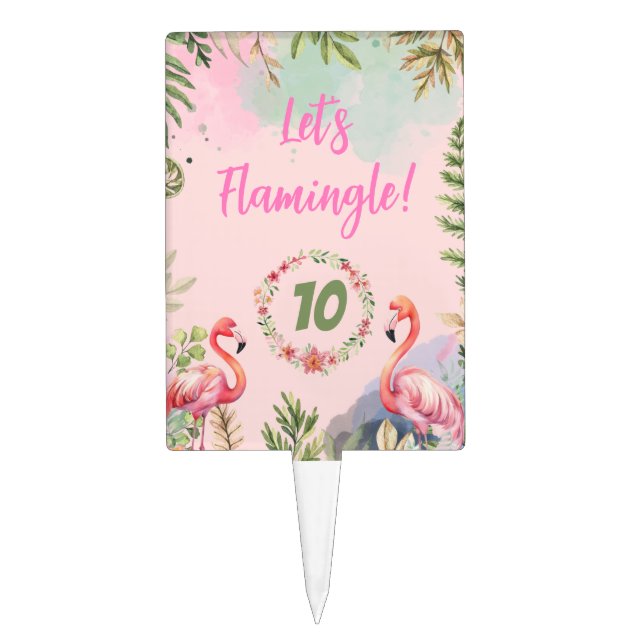 Tropical Pink Greenery Watercolor Flamingos Leaf Cake Topper (Front)