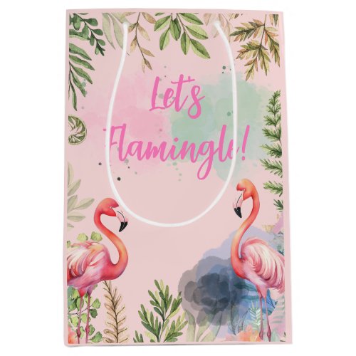 Tropical Pink Greenery Watercolor Flamingos Leaf Medium Gift Bag