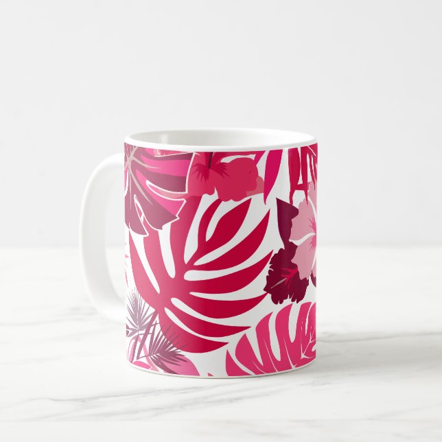 Tropical Pink Hibiscus and Monstera Leaves Pattern Coffee Mug (Front Left)
