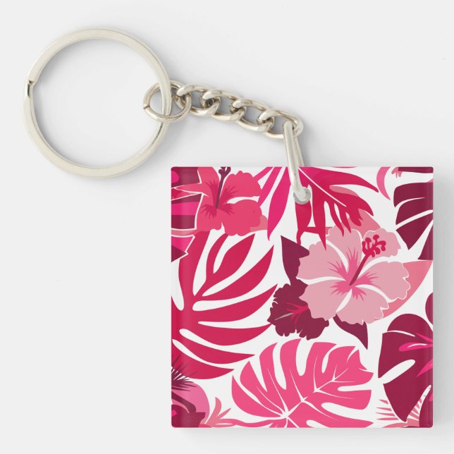 Tropical Pink Hibiscus and Monstera Leaves Pattern Keychain (Front)