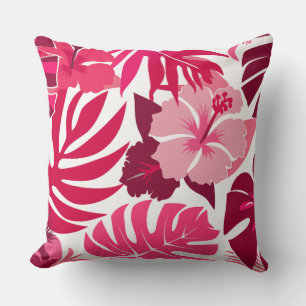 Tropical Pink Hibiscus and Monstera Leaves Pattern Throw Pillow
