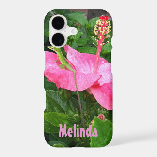 Tropical Pink Hibiscus Anole Lizard Photo Custom iPhone 17 Case