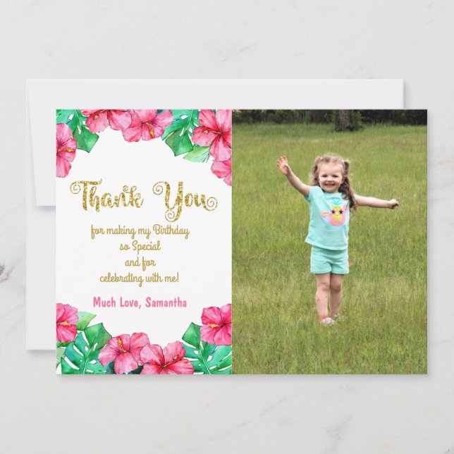 Tropical Pink Hibiscus Birthday Photo Thank You  Card (Front)