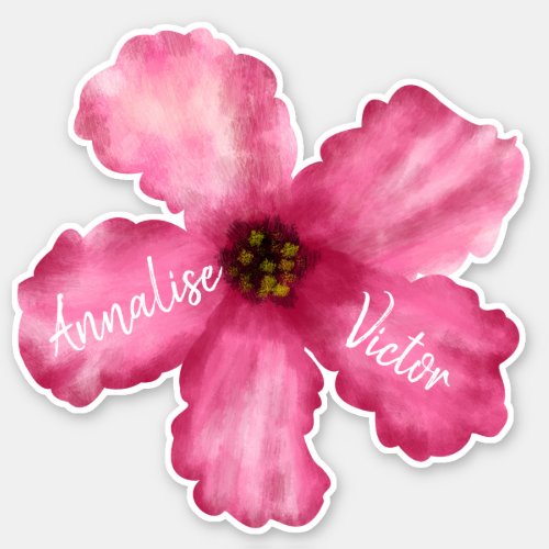 Tropical Pink Hibiscus Couples Names Wedding Sticker