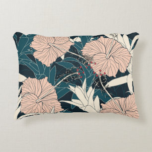 Tropical pink hibiscus, dark background accent pillow