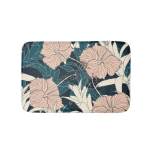 Tropical pink hibiscus, dark background bath mat