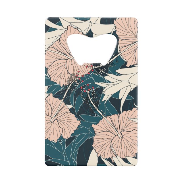 Tropical pink hibiscus, dark background credit card bottle opener (Front)