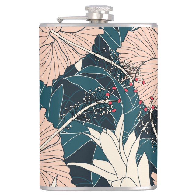 Tropical pink hibiscus, dark background flask (Front)