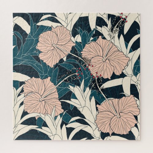Tropical pink hibiscus dark background jigsaw puzzle
