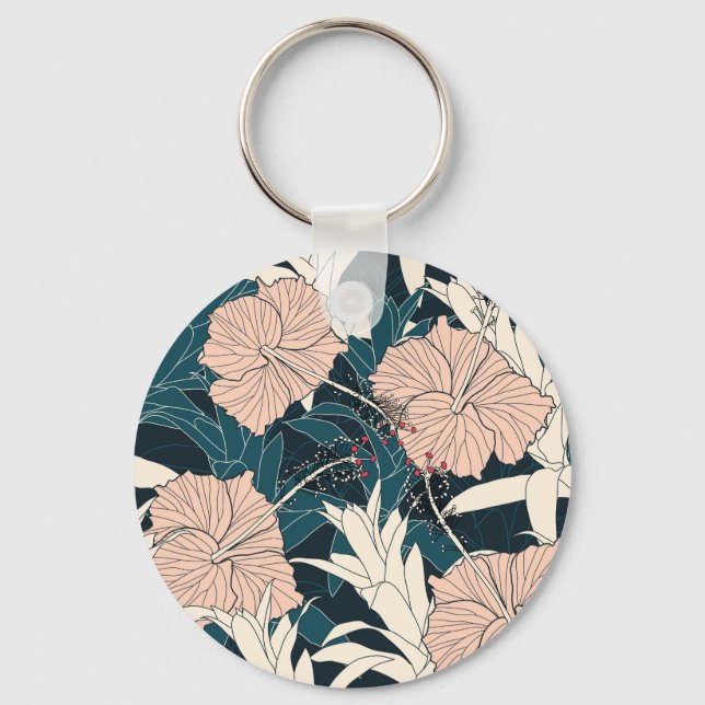 Tropical pink hibiscus, dark background keychain (Front)