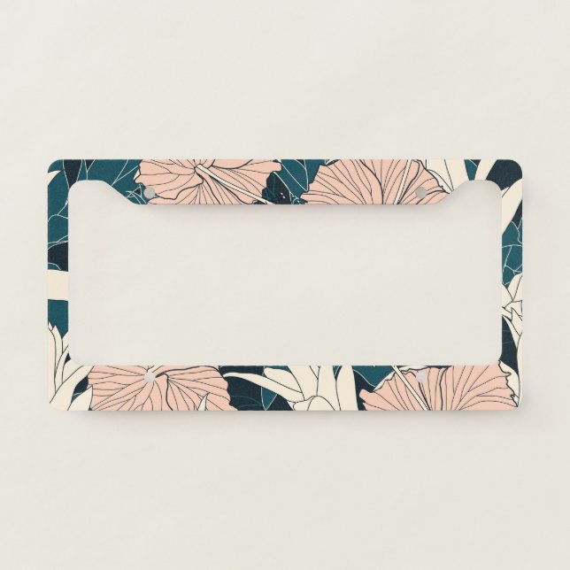 Tropical pink hibiscus, dark background license plate frame (Front)