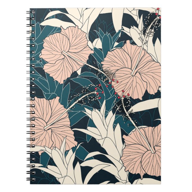 Tropical pink hibiscus, dark background notebook (Front)