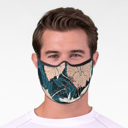 Tropical pink hibiscus dark background premium face mask