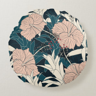 Tropical pink hibiscus, dark background round pillow