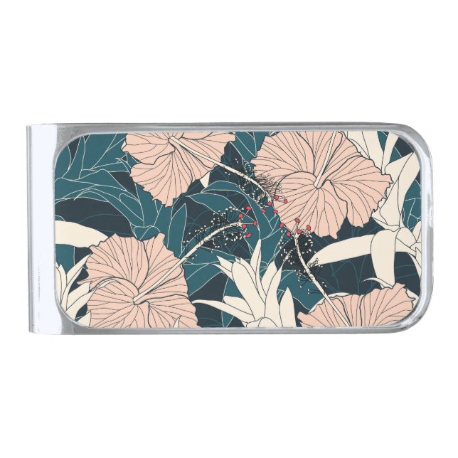 Tropical pink hibiscus, dark background silver finish money clip (Front)