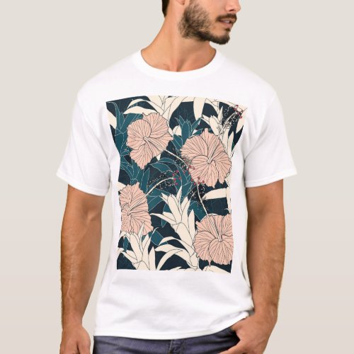 Tropical pink hibiscus dark background T_Shirt