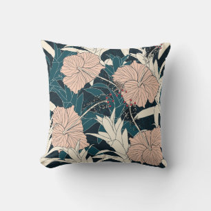 Tropical pink hibiscus, dark background throw pillow