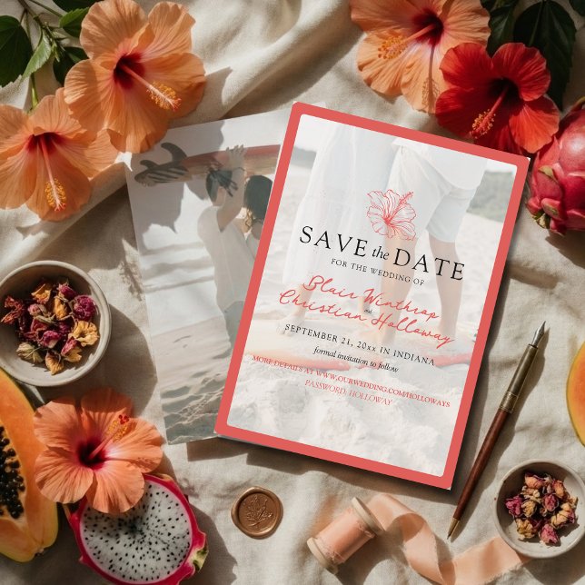 Tropical Pink Hibiscus Double Sided Photo Wedding Save The Date (Invite guests to your destination wedding day with this Tropical Pink Hibiscus Save the Date!)