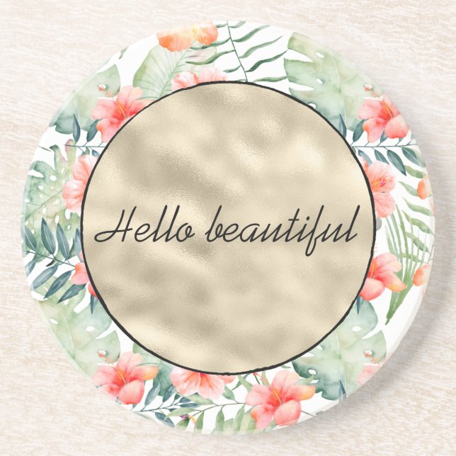 Tropical Pink Hibiscus Floral Gold     Coaster (Front)