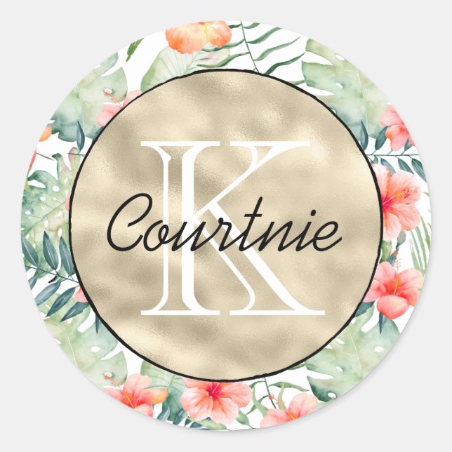 Tropical Pink Hibiscus Floral Gold Monogram        Classic Round Sticker (Front)
