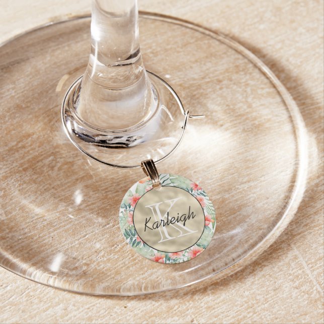 Tropical Pink Hibiscus Floral Gold Monogram   Wine Charm (In Situ)