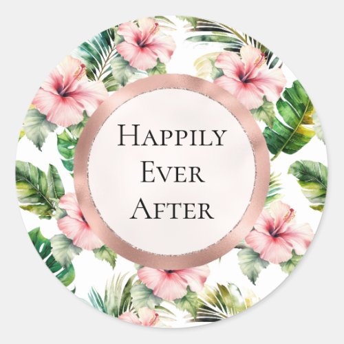 Tropical Pink Hibiscus Floral Wedding Classic Round Sticker