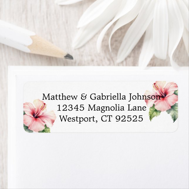 Tropical Pink Hibiscus Floral Wedding  Label (Insitu)