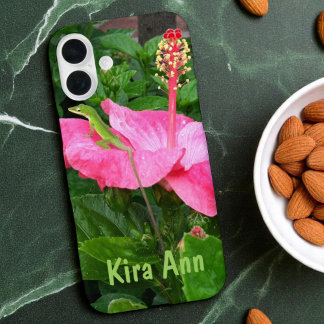 Tropical Pink Hibiscus Flower Anole Lizard Photo iPhone 16 Plus Case