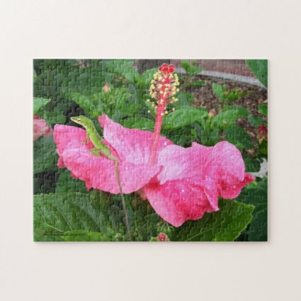 Tropical Pink Hibiscus Flower Anole Lizard Photo Jigsaw Puzzle