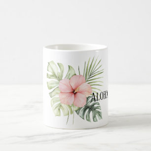 Tropical Pink Hibiscus Flower Leaves Aloha Coffee Mug