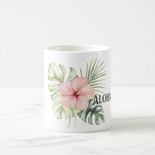 Tropical Pink Hibiscus Flower Leaves Aloha Coffee Mug