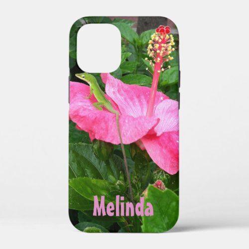 Tropical Pink Hibiscus Flower Lizard Photo Custom iPhone 12 Mini Case