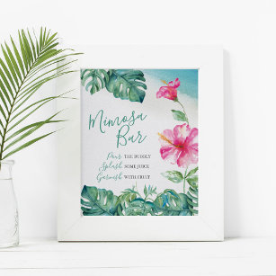 Tropical Pink Hibiscus Flower Mimosa Bar Watercolo Poster