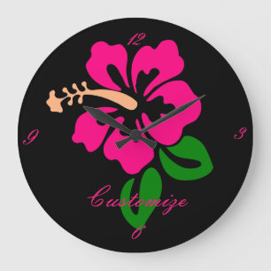 Tropical Pink Hibiscus Flower Thunder_Cove Large Clock