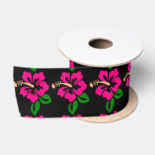 Tropical Pink Hibiscus Flower Thunder_Cove Satin Ribbon