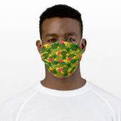 Tropical Pink Hibiscus Flowers and Leaves on Gold Adult Cloth Face Mask (Worn)
